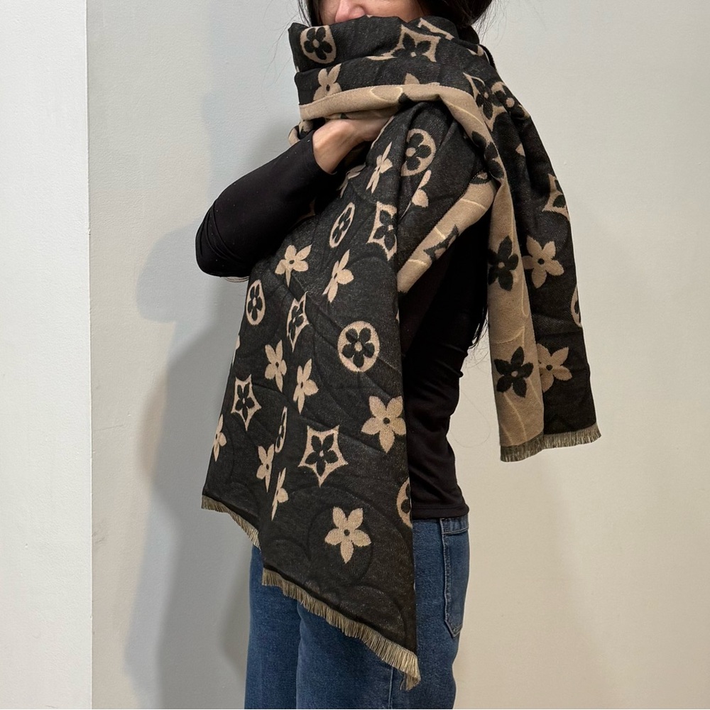 Black and Tan Floral Patterned Scarf REVERSIBLE